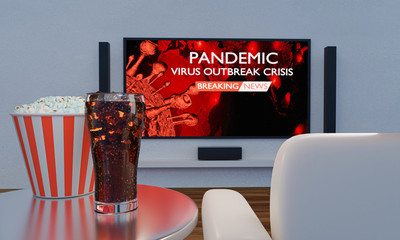 Home Theater and Popcorn and Cola in clear glass on table. Big wall screen TV and  Audio equipment use for Mini Home Theater. Breaking News for  Coronavirus Covid-19  pandemic outbreak crisis. 