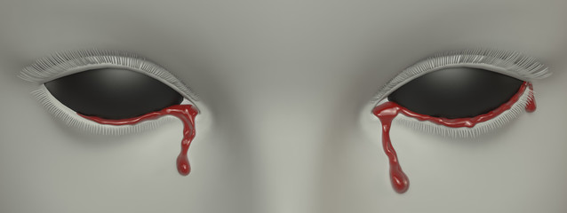 Black eyes. Bloody tears. 3D rendering. Horror art concept.