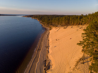 Beautiful drone areal photography view of large dune and pine forest near river Lielupe. Photo taken on sunset.