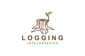 Forest logging tree stump logo with young shoots growing - obrazy, fototapety, plakaty