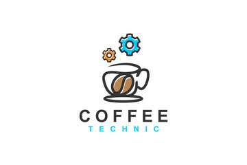 Coffee technology with gear element, food drink tech logo design, simple minimalist.