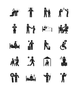 pictogram doctors and coronavirus and health icon set, silhouette style