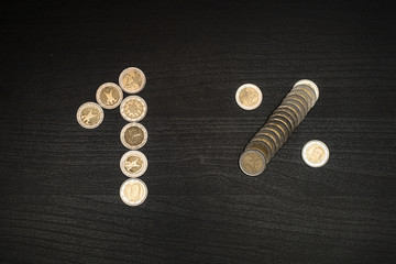 2 euro coins on dark wooden table