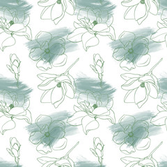 Realistic botanical seamless pattern with magnolias flowers and leaves