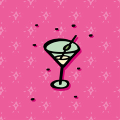 Vector illustration of martini glass illustration on bright background. Stars pattern. Hand drawn style