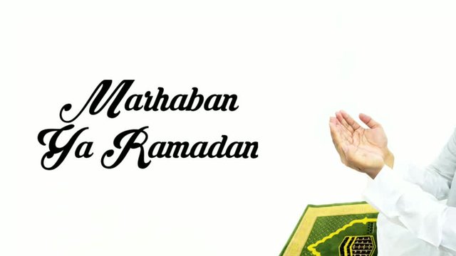 Ramadan greeting cards with hand pray background and prayer rugs