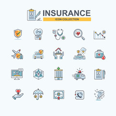 Insurance icon set for business Insurance, medical, property, protect, family life, healthcare, Natural calamity, travel, transport and financial protection. Minimal cartoon vector.