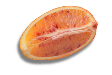 one slice of red orange on white background