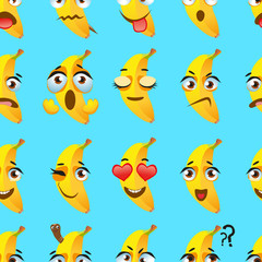Fototapeta na wymiar Cute seamless pattern with cartoon emoji fruits on blue background
