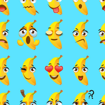 Cute seamless pattern with cartoon emoji fruits on blue background