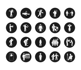 people and Covid 19 preventions icon set, block style