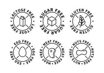 Set of food simple black icons, lactose free, sugar free, nuts free, egg free, meat free, gluten free on white