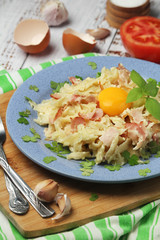 A plate with traditional pasta carbonara