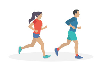 Fototapeta na wymiar Running man and woman. Couple jogging. Marathon race concept. Sport and fitness design template with runners in flat style. Vector illustration.