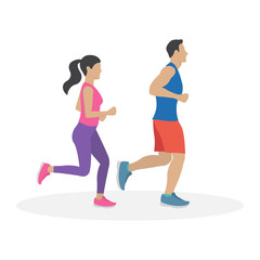Running man and woman. Couple jogging. Marathon race concept. Sport and fitness design template with runners in flat style. Vector illustration.