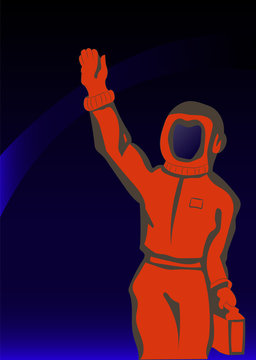 vector illustration of an astronaut woman in space, retro postcard