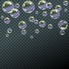 Flying transparent soap bubbles on checkered background.Reaistic colored balls.Vector texture.