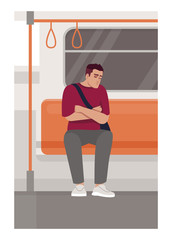 Man sleeping in train semi flat vector illustration
