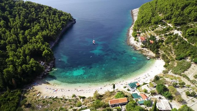 Korcula. Aerial view of Korcula island beach in Pupnatska Luka cove, southern Dalmatia archipelago of Croatia