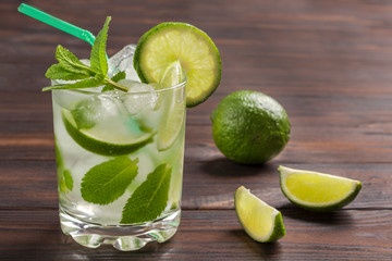 Summer cooling drink with ice, lime and mint. Non-alcoholic beverage