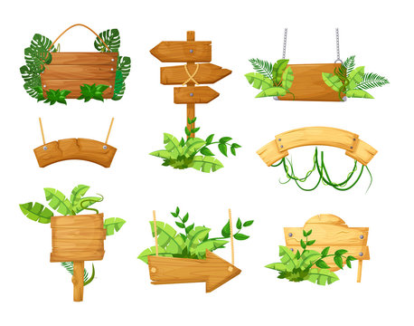 Wooden sign boards with tropical liana branches frames, wooden boards with jungle liana plants for game, gui interface. Blank or empty, retro wooden planks, arrow with chains ropes cartoon vector