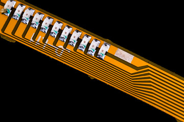 Electronic circuit board with electronic components close up.