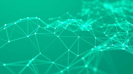 Network of bright connected dots and lines. Abstract dynamic wave of many points. Digital background. 3D rendering.