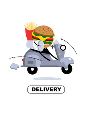 Burger delivery. Vector illustration for website, banner, advertisement, poster, print.