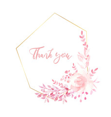 Obraz premium Watercolor hand painted pink flowers frame\wreath, bouquet with gold geometric shape, for wedding greetings, stationary, wallpapers, background.