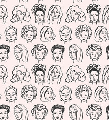 Hand drawn face pattern. Trendy woman face seamless texture with abstract line shapes, minimal girl face. Vector stylized design pattern