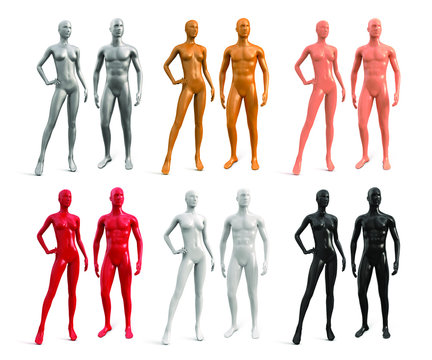 Male and female plastic mannequin. White, black, red, gold, silver, beige color. Set of vector 3d realistic human mannequins isolated on white background.