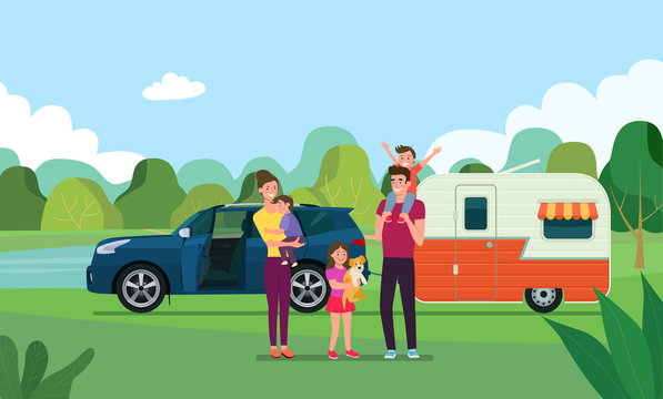 Happy family having picnic in the forest. Vector flat illustration.