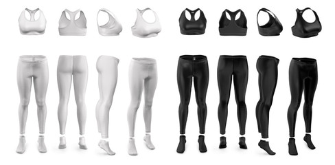Women's sportswear for running, fitness, yoga. Set of black and white. Front, back, side (3\4) view. Mockup clothes for design, logo, branding. 3d realistic illustration isolated on white background.