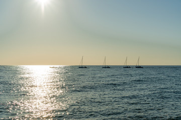 several sailing boats sailing on the horizon of the Black Sea in Sochi