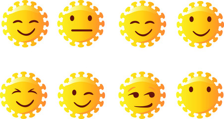 Abstract Corona Emoji Set. Virus vector, COVID-19 vector, emoticon vector, Virus symbols. cartoon round socials smiles. Isolated vector illustration on white background