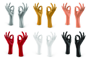Fototapeta premium Set of female hands. Plastic mannequin in white, black, beige, gold, silver, red. Jewelry holder. Vector 3d realistic illustration isolated on white background.