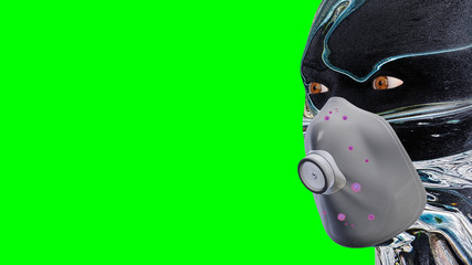 human head with breathing mask in different colours in front of monochrome background