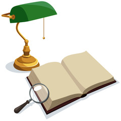 Empty book with a magnifying glass and a banker's lamp on white background. Vector illustration in flat cartoon style.