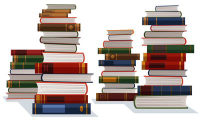 A lot of piled up books on white background. Vector illustration in flat cartoon style.