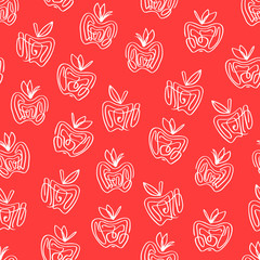 Apple seamless pattern on red background. Hand drawn abstract apples fruit in cute doodle style. Kitchen and food design.