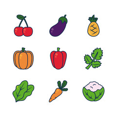carrot, vegetables and fruits icon set, line and fill style