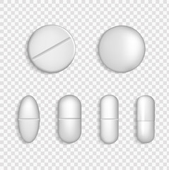White Medical Pill Icon Set Closeup Isolated on Transparency Grid Background.  3D drugs medicine capsules and vitamins, healthcare pharmacy tablets. 