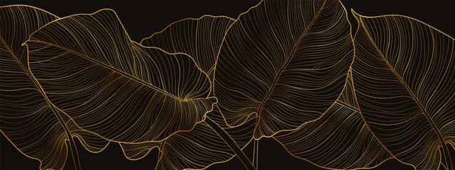 Luxury gold nature background vector. Floral pattern, Golden split-leaf Philodendron plant with monstera plant line arts, Vector illustration. - obrazy, fototapety, plakaty