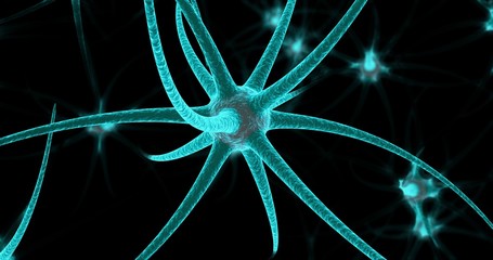 Neon neuron cells on the black background. 3D illustration