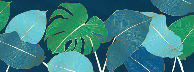 Naklejki  Luksusowe złoto i natura zielone tło wektor. Kwiatowy wzór, złoty split-leaf Philodendron roślina z sztuką linii roślin monstera, ilustracji wektorowych.