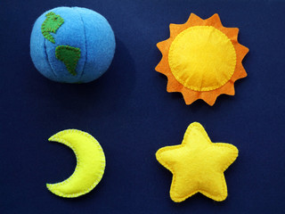felt soft toys: planet earth, sun, star and moon