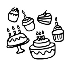 Hand-drawn icons of sweets. Pie, cake, cupcake. Vector