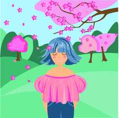 girl happiness spring flowering trees sakura nature season