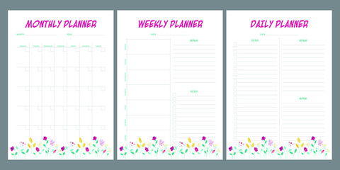 Set of planners with floral summer design. Monthly, weekly, daily planner.