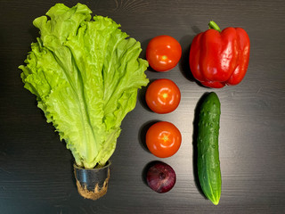 Vegetables for salad on a dark wooden table, tomatoes, peppers, cucumbers, onions and lettuce leaves. Healthy food, proper nutrition.